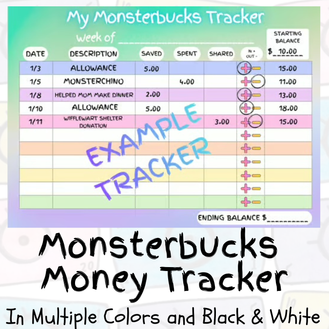 Monsterbucks money tracker printable for kids to record earning, saving and spending