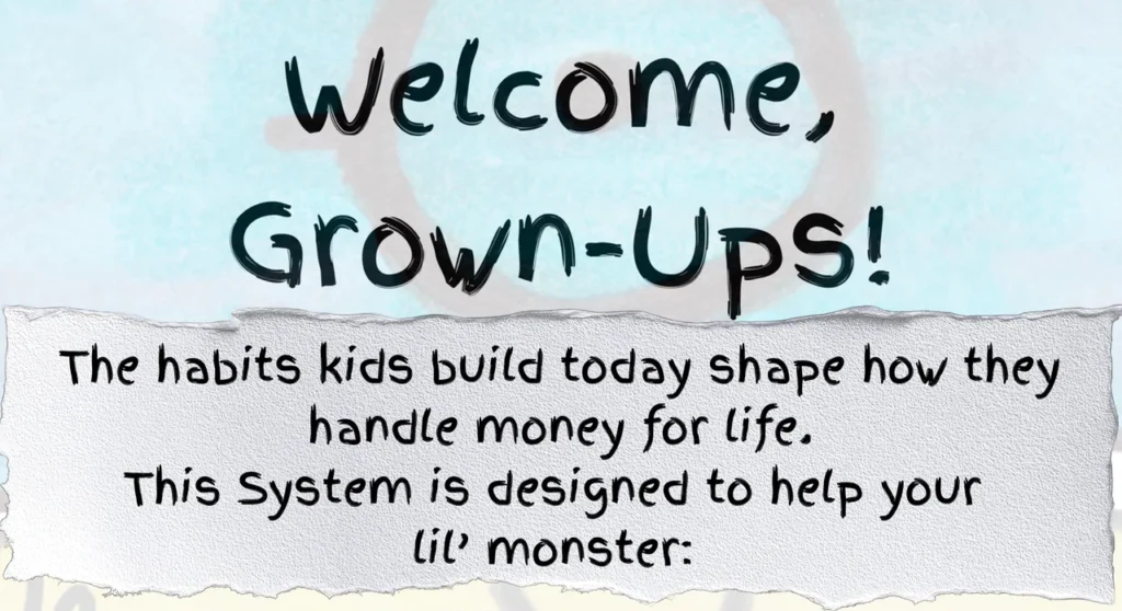 Welcome Grown-Ups page from the Monsterbucks parent money system